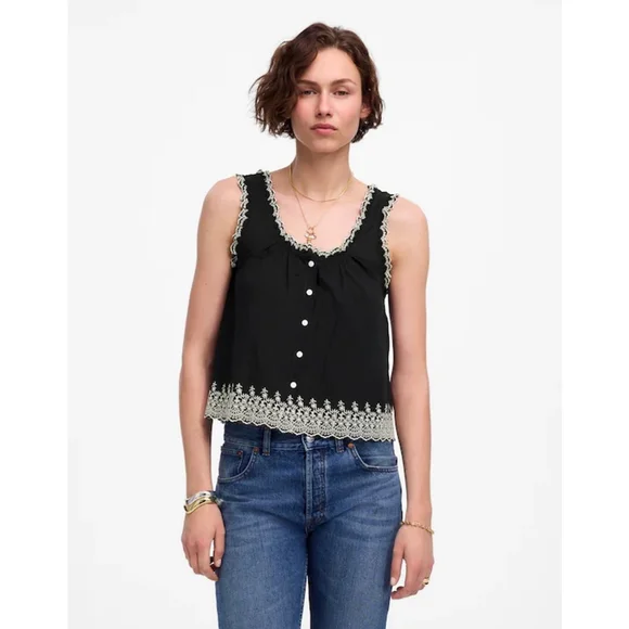 NWT Madewell Embroidered Scalloped Tank Black and White in XS - Picture 2 of 5